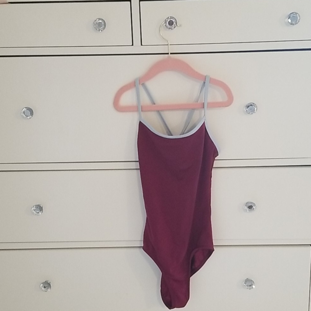 Burgundy Mariia leotard with Blue trim